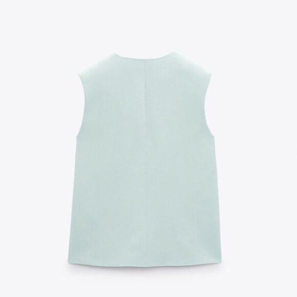 New XS relaxed ZARA Colarless V-neck Vest Flap Pocket Seafoam Green Button Lapel - Picture 3 of 7